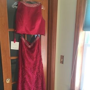 Two piece Morilee red lace prom dress